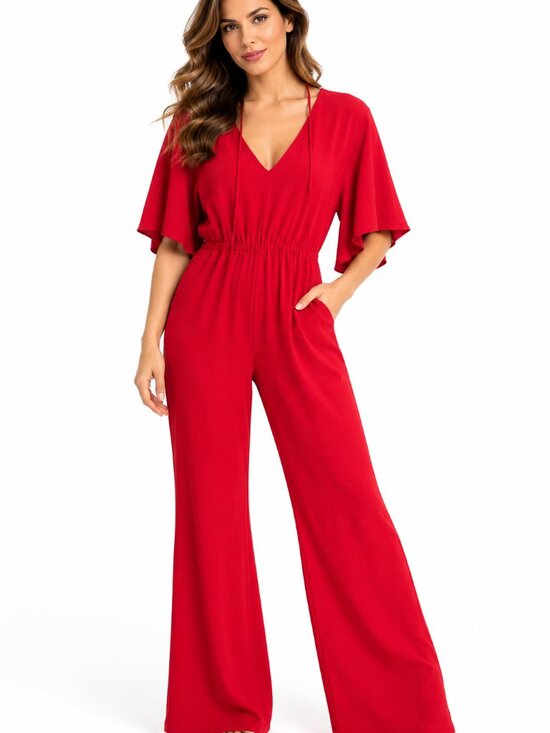 Zara Tops - Zara Woman Red Flutter Sleeve Wide Leg Jumpsuit - Size S